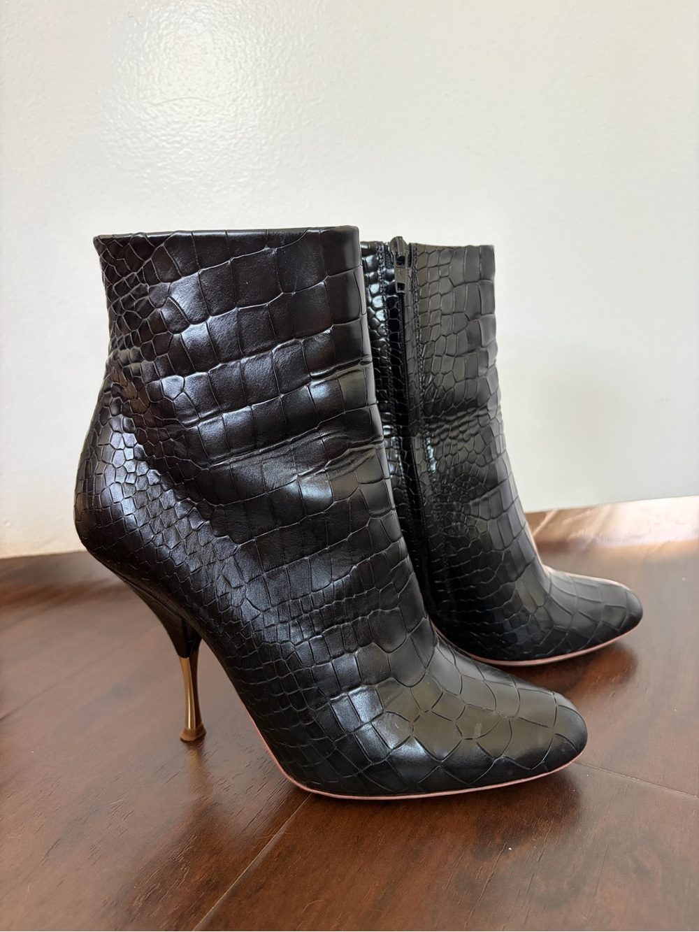 Rochas Black Croc-Embossed Pointed Toe Stiletto Ankle Boots with Gold Heel